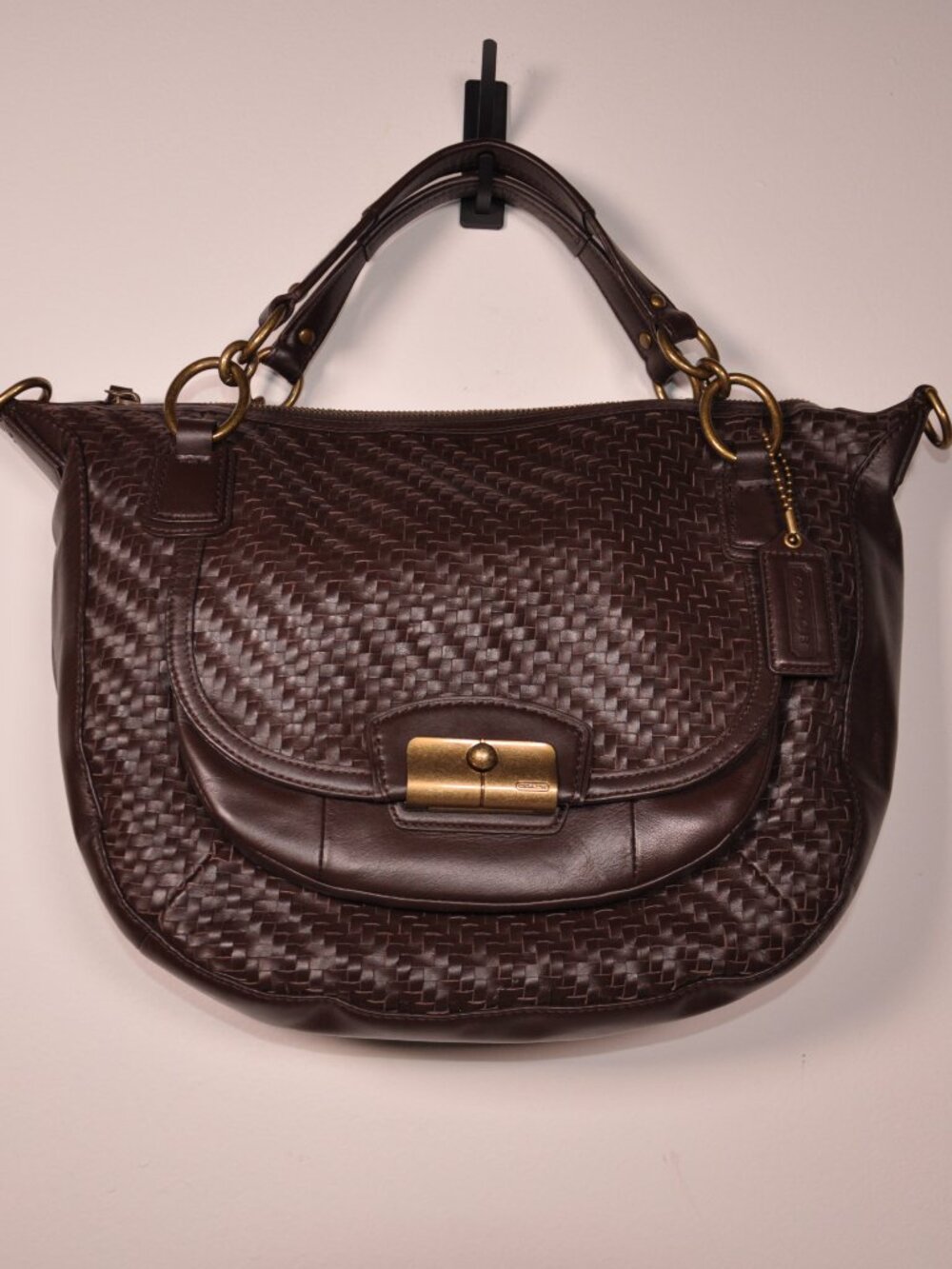 Coach F23048 Kristin Woven Leather Satchel Tan Brown Shoulder Bag